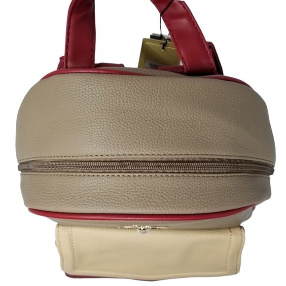 Queen Bee Taupe Red and Cream Large Pebbled Backpack Purse